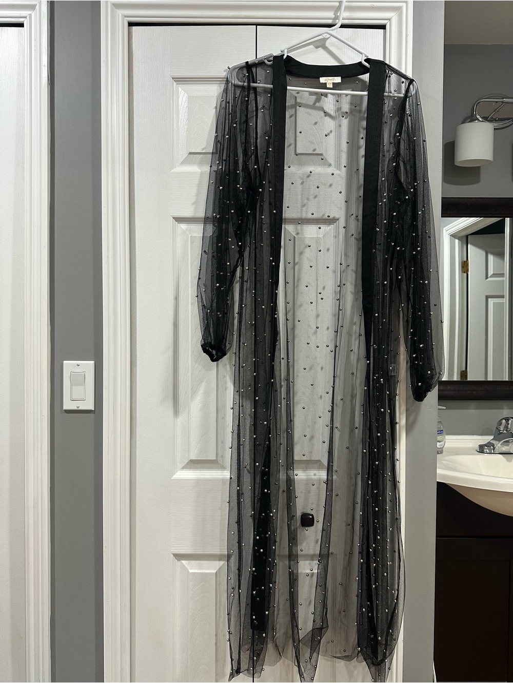 Sheer Black Pearl-Embellished Long Sleeve Duster
